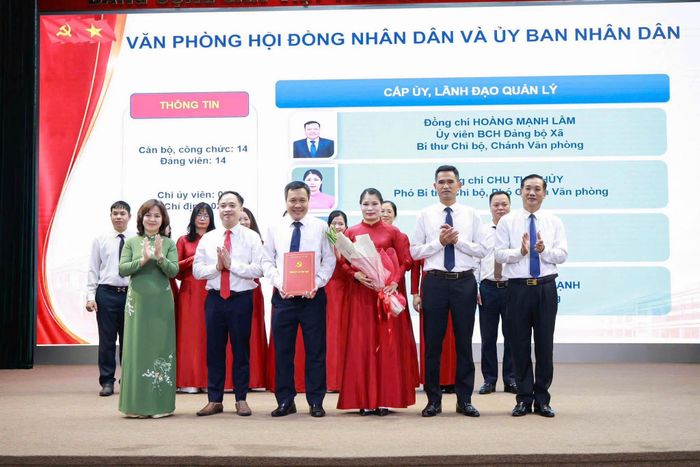 Lãnh đạo xã Thư Lâm các trao quyết định điều động, bổ nhiệm cán bộ lãnh đạo, quản lý Văn phòng HĐND và UBND. Ảnh: TL