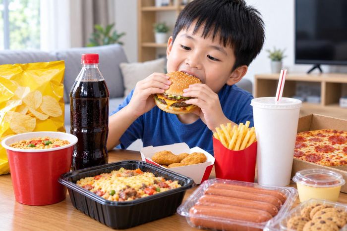 Trẻ em là nhóm đặc biệt dễ bị ảnh hưởng bởi thực phẩm siêu chế biến do vị giác đang trong quá trình hình thành. Ảnh minh họa (AI)