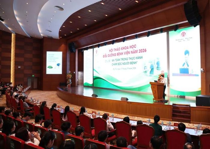 Thiếu tướng, PGS.TS Phạm Thái Giang - Phó Giám đốc Bệnh viện Trung ương Quân đội 108, Chủ tịch Hội đồng Điều dưỡng phát biểu tại hội thảo. Ảnh: N.Phương