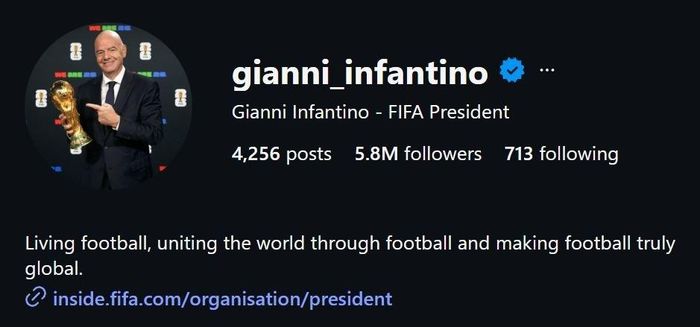 Trang cá nhân của Infantino được vận hành chuyên nghiệp, bài bản, cập nhật đều đặn.
