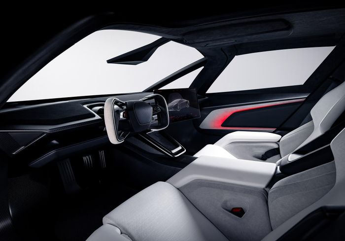  Bên trong khoang lái, Roadster xuất hiện hàng loạt trang bị hiện đại. Nổi bật ở trung tâm là một vô lăng dạng yoke mang phong cách vô lăng chuyên cơ. Kế bên là 2 màn hình cỡ lớn. Nội thất cũng được dệt vải Ultrawwhite kết hợp gam màu trắng-xám. 