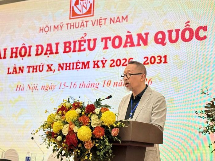Họa sĩ Đào Quốc Huy, Chủ tịch Hội Mỹ thuật Việt Nam khóa X, nhiệm kỳ 2026 - 2031 phát biểu tại Đại hội