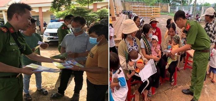 Lực lượng công an phát tờ rơi tuyên truyền phòng, chống xuất nhập cảnh trái phép và lừa đảo đưa người ra nước ngoài - Ảnh: Công an tỉnh Lâm Đồng