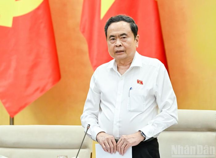 Bí thư Đảng ủy Quốc hội, Chủ tịch Quốc hội Trần Thanh Mẫn phát biểu chỉ đạo, kết luận hội nghị. (Ảnh: DUY LINH)