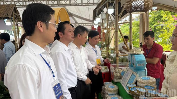Các đại biểu tham quan các gian hàng Không gian quảng bá, kết nối sản phẩm OCOP gắn với du lịch cấp vùng tại Lào Cai.