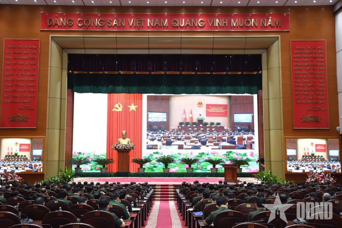 Các đại biểu dự hội nghị tại điểm cầu Hội trường Bộ Quốc phòng.