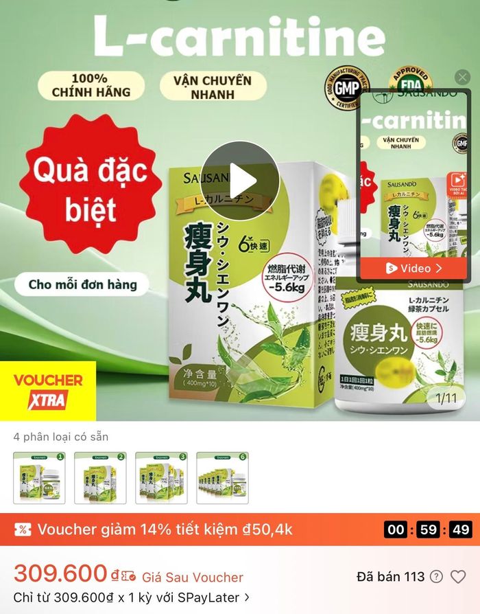  Sản phẩm Sausando Slimming capsule được quảng cáo, bán trên sàn thương mại điện tử Shopee. Ảnh chụp màn hình 