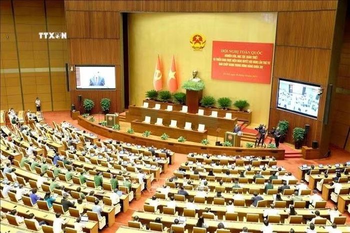  Toàn cảnh hội nghị tại điểm cầu Trung tâm - Phòng họp Diên Hồng, Nhà Quốc hội, Hà Nội. ﻿Ảnh: Phương Hoa/TTXVN 