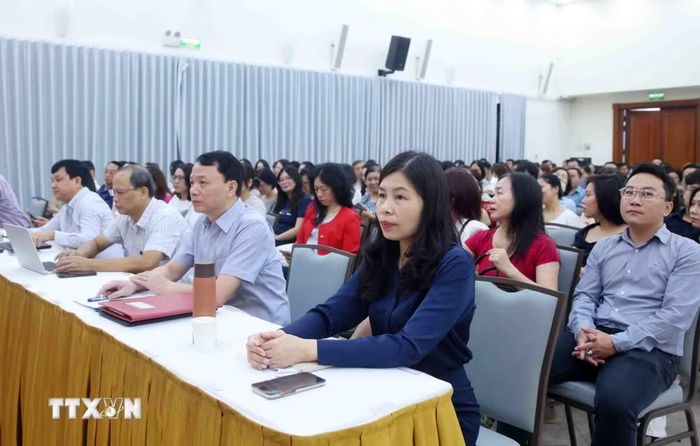Đảng viên thuộc Đảng bộ Thông tấn xã Việt Nam tham dự Hội nghị trực tuyến tại điểm cầu trụ sở Thông tấn Quốc gia (5 Lý Thường Kiệt, Hà Nội). (Ảnh: Phạm Kiên/TTXVN)