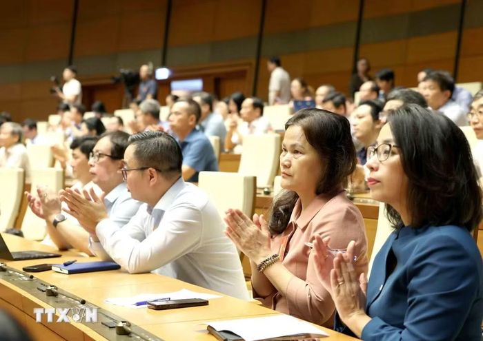 Các đại biểu dự hội nghị tại điểm cầu Trung tâm - Phòng họp Diên Hồng, Nhà Quốc hội (Hà Nội). (Ảnh: Thống Nhất/TTXVN)