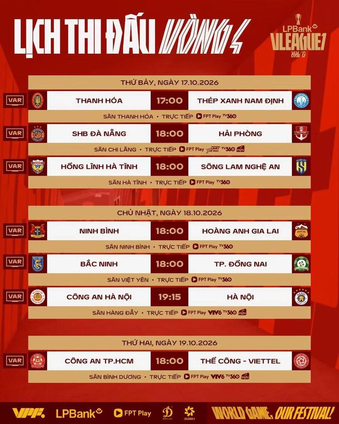 Lịch thi đấu vòng 4 V-League 2026/27. (Ảnh: VPF)