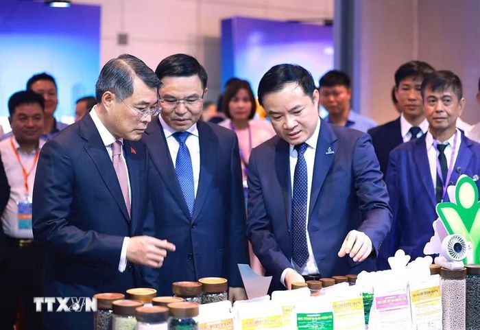 Thủ tướng Lê Minh Hưng tham quan các gian hàng trưng bày sản phẩm đạt Thương hiệu quốc gia. (Ảnh: Dương Giang/TTXVN)