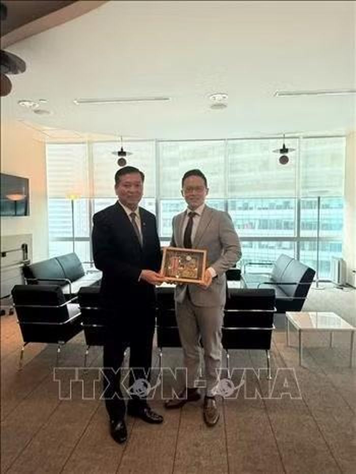 Đồng chí Nguyễn Long Hải trong cuộc gặp ông Desmond Choo - Ủy viên Trung ương đảng Hành động Nhân dân Singapore (PAP). Ảnh: TTXVN phát