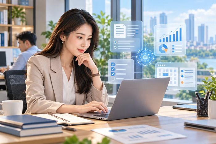 AI hỗ trợ xử lý tài liệu, phân tích dữ liệu và sắp xếp công việc. Ảnh AI minh họa.