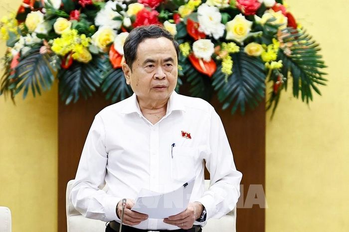 Uỷ viên Bộ Chính trị, Bí thư Đảng uỷ Quốc hội, Chủ tịch Quốc hội Trần Thanh Mẫn phát biểu. Ảnh: Doãn Tấn - TTXVN