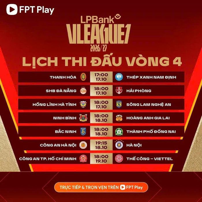 Lịch thi đấu vòng 4 V-League 2026-2027. 
