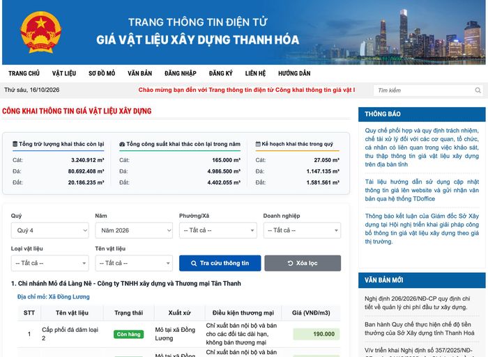 Website công bố giá vật liệu xây dựng Thanh Hóa công khai giá, thông tin mỏ, trữ lượng còn lại và khả năng cung ứng.