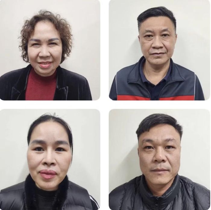 Các bị cáo thuộc Tập đoàn Thiên Minh Đức (từ trên xuống): Chu Thị Thành, Chủ tịch HĐQT kiêm Tổng Giám đốc; Phó Tổng Giám đốc Lê Thanh An; Kế toán trưởng Nguyễn Thị Bích Liên; Trưởng phòng kinh doanh Chu Đức Mạnh.