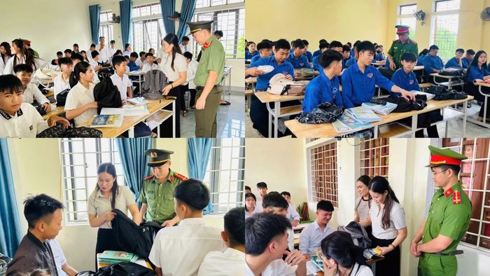 Công an Hà Tĩnh phối hợp với các trường học kiểm tra vật dụng học sinh mang theo khi đến trường nhằm phòng ngừa bạo lực học đường