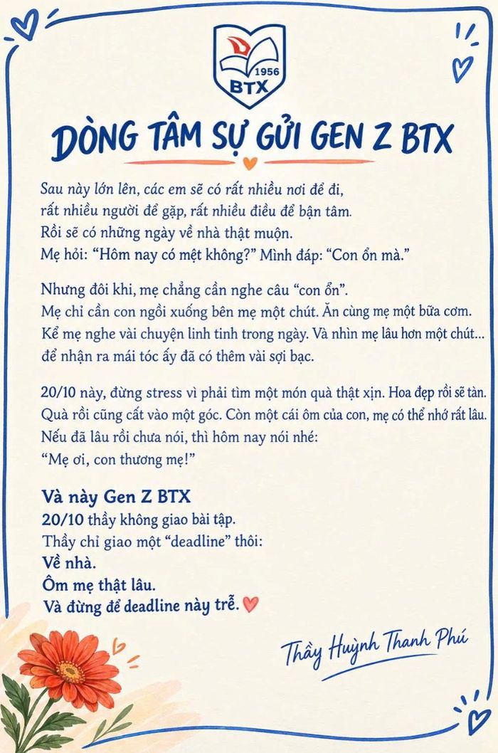 Bức thư thầy giáo Huỳnh Thanh Phú gửi học trò nhân Ngày Phụ nữ Việt Nam 20/10.