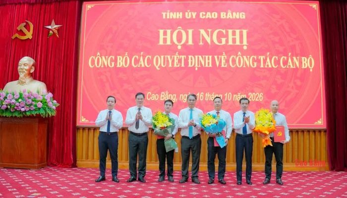 Các đồng chí Thường trực Tỉnh ủy trao quyết định và tặng hoa chúc mừng 3 đồng chí được bổ nhiệm giữ chức vụ mới.