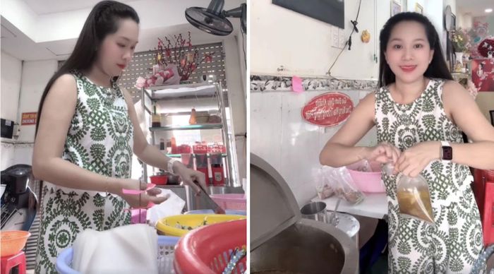 Ca sĩ Hồng Phượng đóng gói bún bò phụ mẹ. Ảnh chụp màn hình