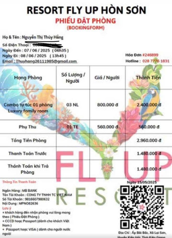 Thông tin đặt phòng giả mạo thành công được gửi cho du khách