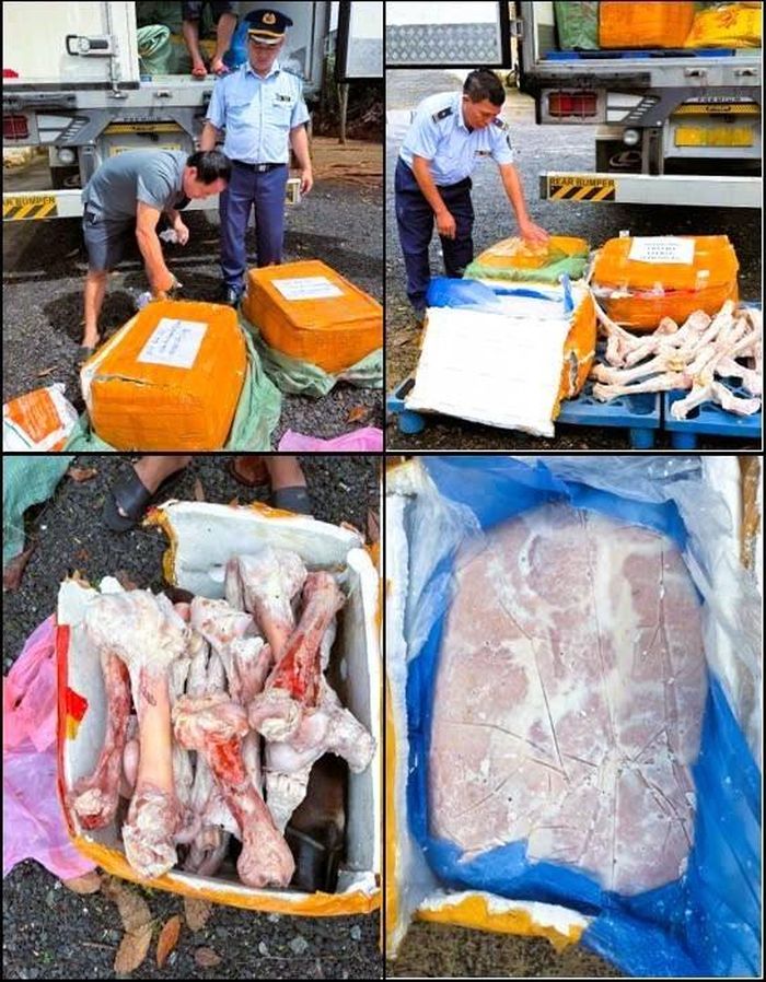 Gần 15 tấn thực phẩm đông lạnh, gồm chân xương bò và nầm heo, được phát hiện trên xe tải khi kiểm tra. Ảnh: Công an TP Đồng Nai.