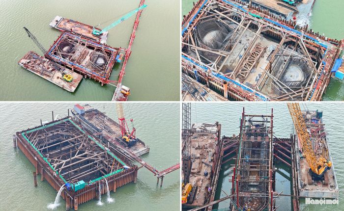 Công tác khoan cọc nhồi tại cả ba vị trí trụ tháp chính đã cơ bản hoàn thành, đơn vị thi công đã chuyển sang thi công bệ trụ, chuẩn bị dựng tháp. Máy móc, sà lan liên tục làm việc, chuyển vật liệu xây dựng để đảm bảo tiến độ đề ra.