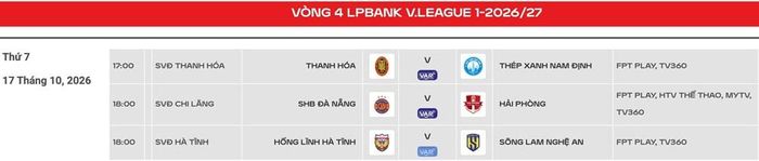 Lịch thi đấu vòng 4 ngày 17.10