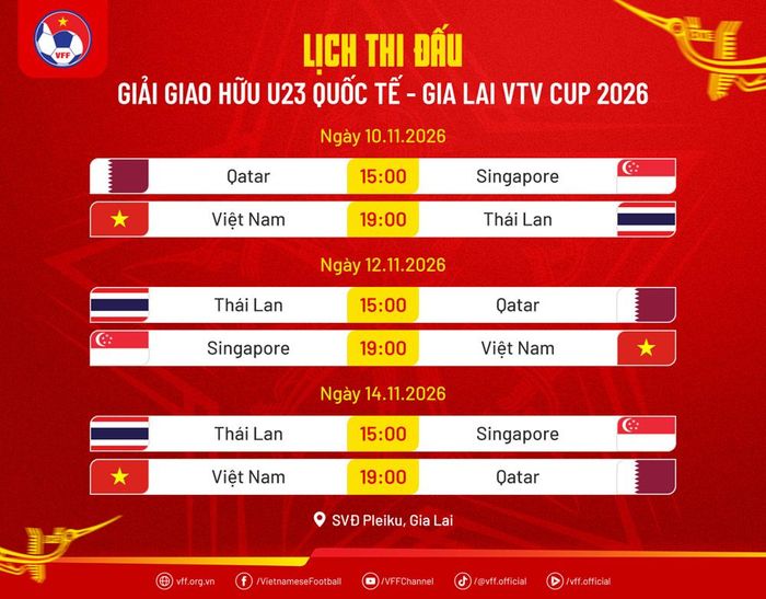 Lịch thi đấu Giải bóng đá giao hữu quốc tế U23 – Gia Lai VTV Cup 2026