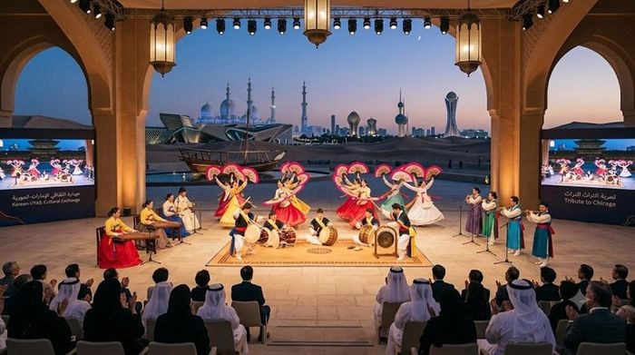 Người dân UAE trải nghiệm và biểu diễn nhạc truyền thống Hàn Quốc. Ảnh minh họa: AI