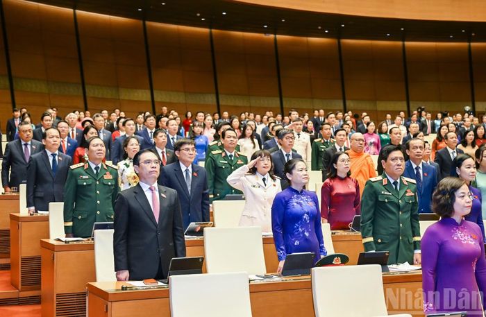 Các đại biểu Quốc hội thực hiện nghi thức chào cờ. (Ảnh: DUY LINH)