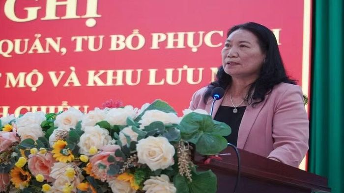 Phó Chủ tịch Ủy ban nhân dân tỉnh Vĩnh Long Nguyễn Thị Bé Mười phát biểu tại hội nghị. (Ảnh: HOÀNG TRUNG)