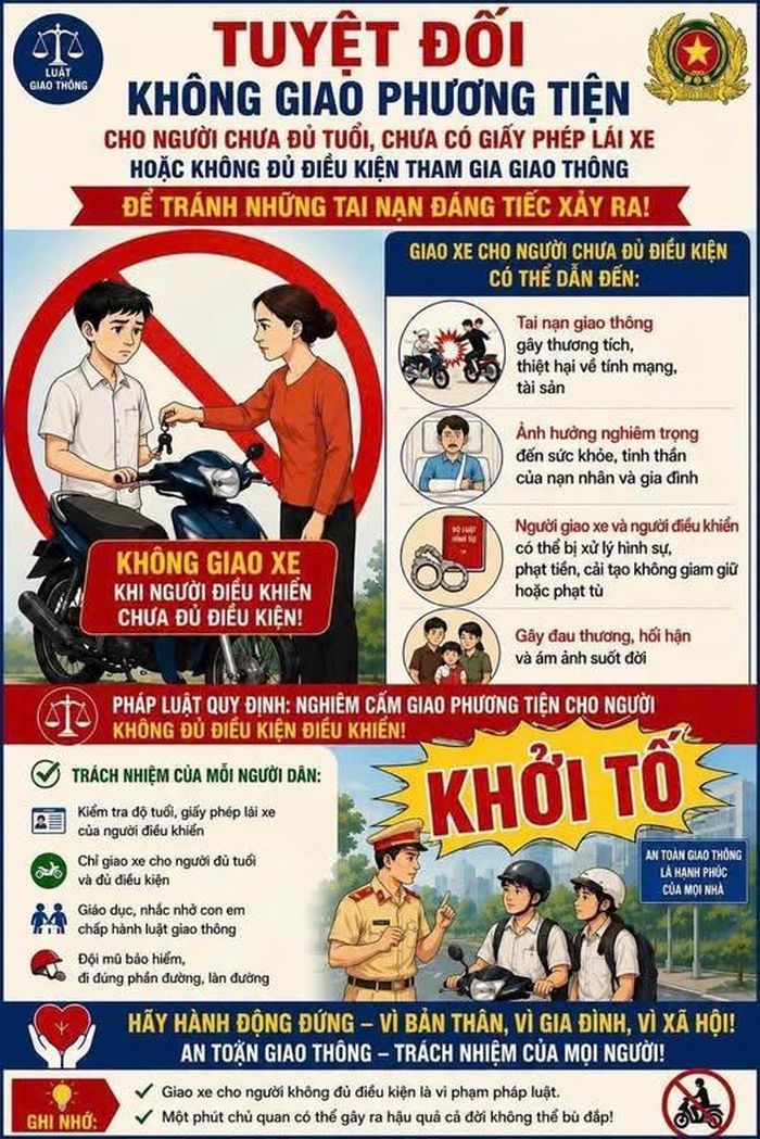 Cơ quan Công an khuyến cáo người dân không giao phương tiện cho người chưa đủ tuổi, chưa có giấy phép lái xe hoặc không đủ điều kiện tham gia giao thông.