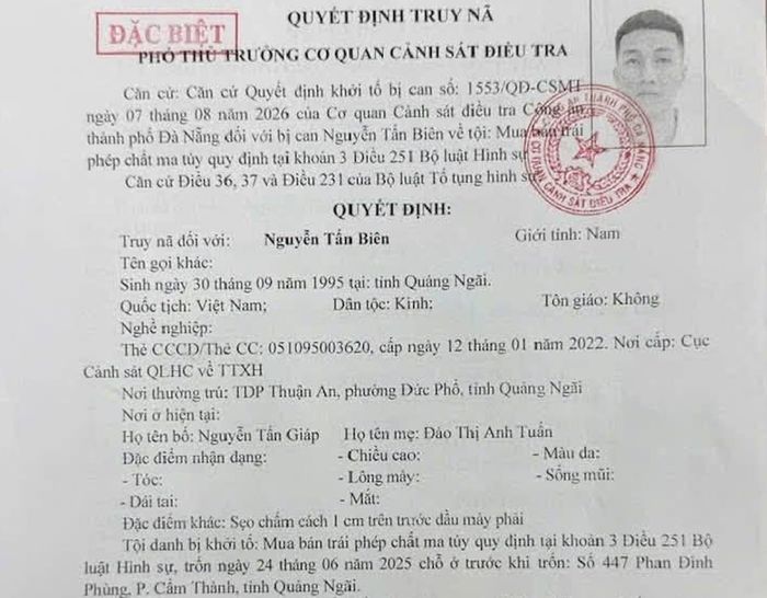Quyết định truy nã đối với Nguyễn Tấn Biên