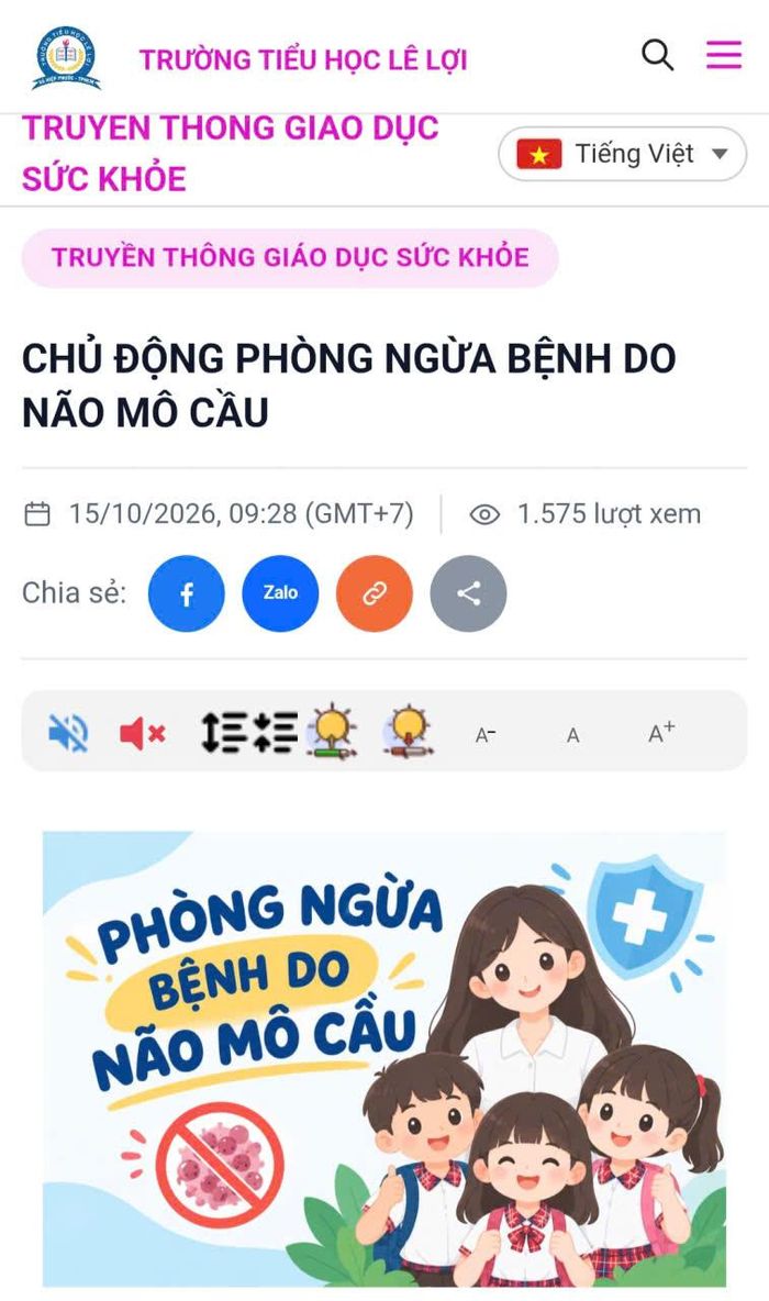  Thông tin đăng tải về bệnh não mô cầu của Trường Tiểu học Lê Lợi (xã Hiệp Phước) 