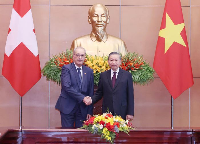  Tổng Bí thư, Chủ tịch nước Tô Lâm và Tổng thống Thụy Sĩ Guy Parmelin trước khi hội đàm. Ảnh: QUANG PHÚC 