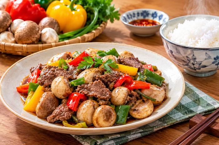 Món nấm rơm xào thịt bò với ớt chuông ăn kèm cơm nóng. Ảnh: @Meta AI.