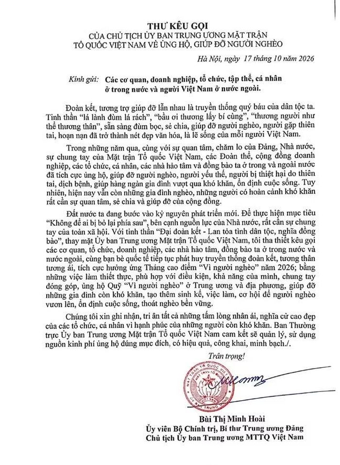 Chủ tịch Ủy ban Trung ương MTTQ Việt Nam Bùi Thị Minh Hoài gửi Thư kêu gọi ủng hộ, giúp đỡ người nghèo.