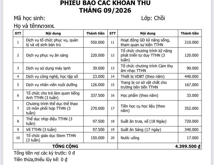 Các khoản thu của nhà trường đối với phụ huynh. Ảnh: Phụ huynh cung cấp