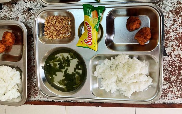 Khay cơm inox được cho là của học sinh Trường Tiểu học Lập Thạch 1, phân hiệu Tử Du lan truyền trên mạng xã hội. Ảnh: ĐN