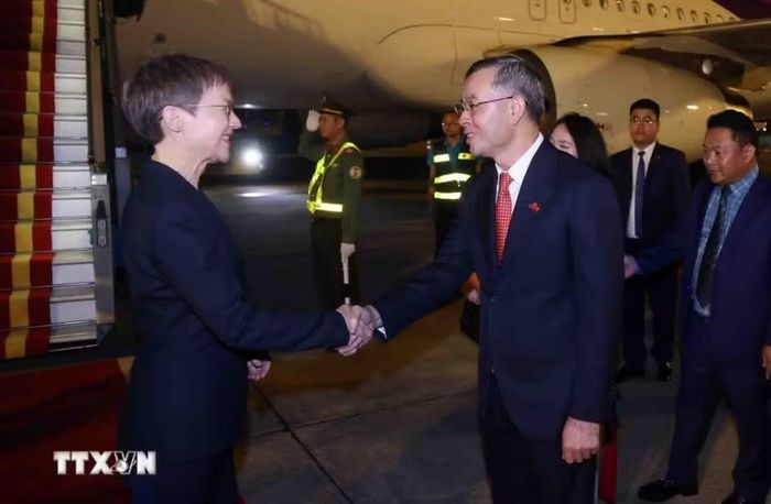 Bộ trưởng Bộ Tài chính Ngô Văn Tuấn đón Thủ tướng Liechtenstein Brigitte Haas tại sân bay quốc tế Nội Bài, Hà Nội. (Ảnh: Phạm Kiên/TTXVN)