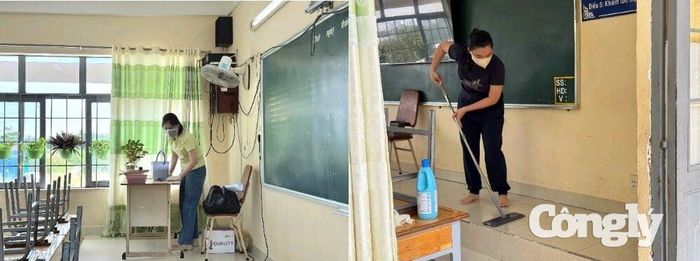 Công tác tổng vệ sinh khử khuẩn tại trường THCS Hai Bà Trưng, xã Hiệp Phước ngày 17/10.