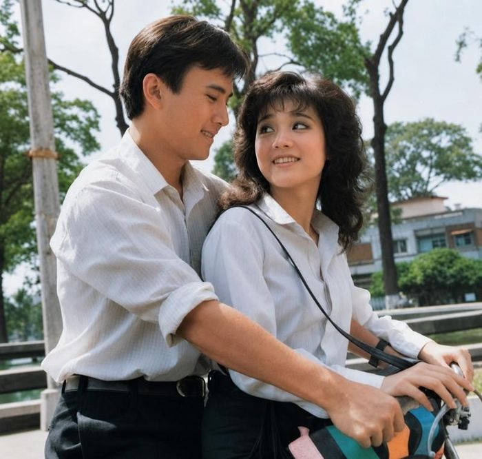 Lê Công Tuấn Anh ngồi sau xe đạp, nở nụ cười hiền khi nhìn Mỹ Duyên trong phim "Trái tim chó sói". 