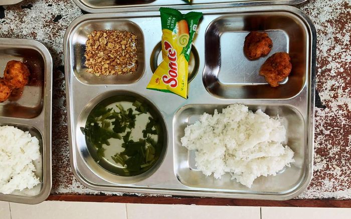 Khay cơm bán trú tại Trường Tiểu học Lập Thạch 1 được phụ huynh đăng tải trên mạng xã hội. Ảnh: ĐN