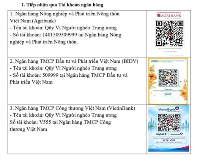 Tài khoản ủng hộ cho Quỹ Vì người nghèo Trung ương