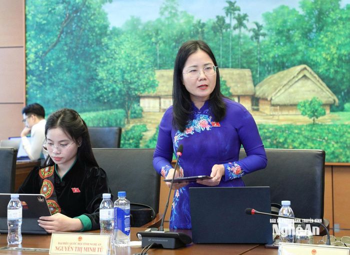 ĐBQH Nguyễn Thị Minh Tú - Giám đốc Trung tâm Khoa học xã hội và Nhân văn, Sở Khoa học và Công nghệ tỉnh phát biểu thảo luận tổ. Ảnh: Khánh Duy