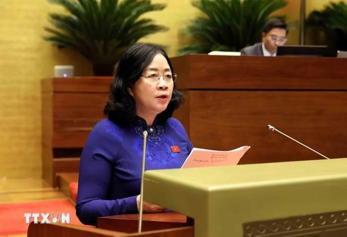 Chủ tịch Ủy ban Trung ương Mặt trận Tổ quốc Việt Nam Bùi Thị Minh Hoài trình bày Báo cáo tổng hợp ý kiến, kiến nghị của cử tri và Nhân dân gửi đến Kỳ họp thứ hai, Quốc hội khóa XVI. (Ảnh: An Đăng/TTXVN)