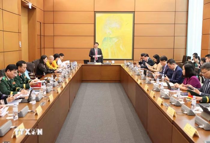 Đoàn đại biểu Quốc hội tỉnh Quảng Trị thảo luận tại tổ. (Ảnh: An Đăng/TTXVN)